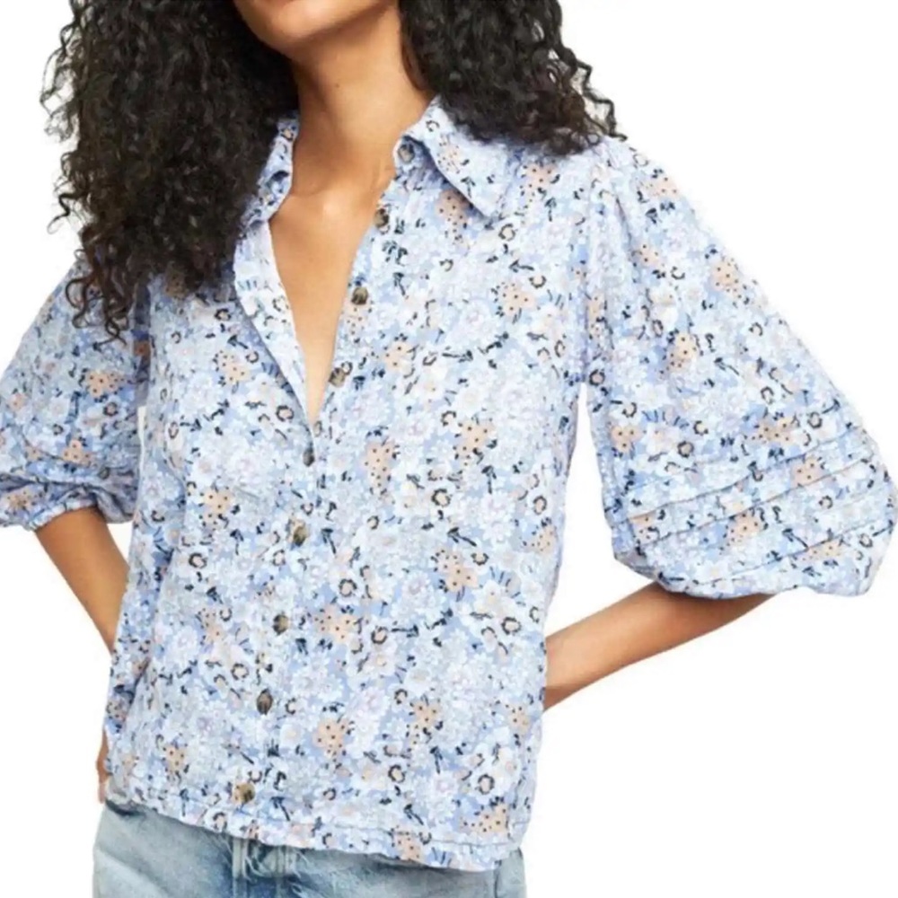 Free People Blue Floral Printed Happy Days Button Down Blouse Size S